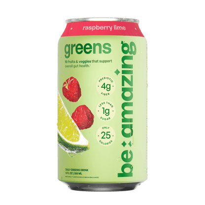 Be Amazing Raspberry Lime Daily Greens RTD drink in a clear bottle, vibrant raspberry and lime flavors visible.