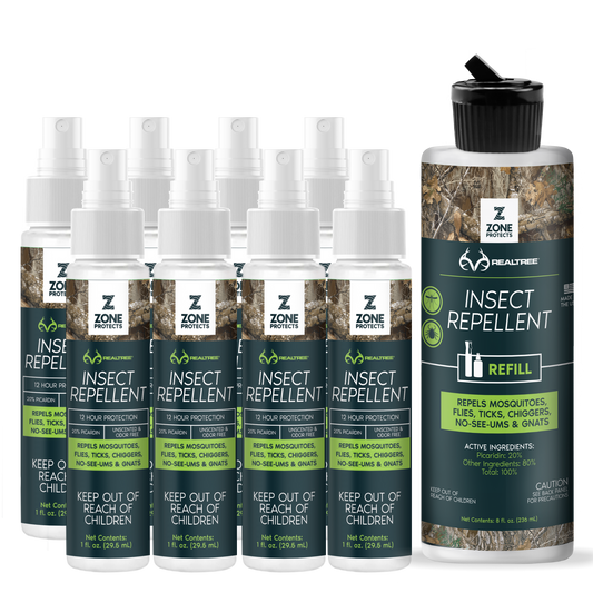 Zone Protects Realtree Hunter's Pack insect repellent spray with 1oz case and refill, featuring camouflage design and outdoor protection.