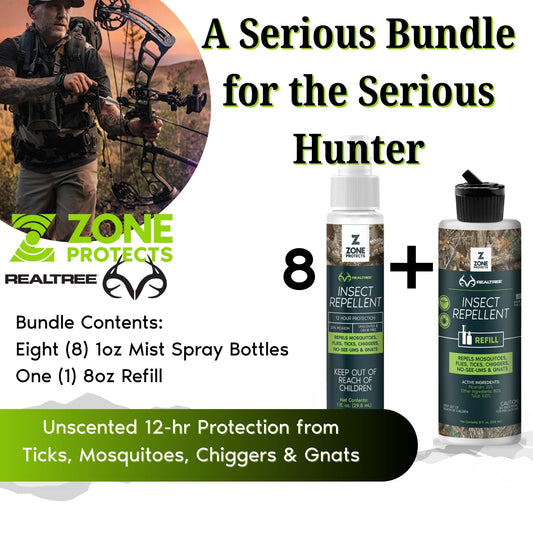 Zone Protects Realtree Hunter's Pack insect repellent spray, 1oz case and refill with camouflage design for outdoor use.