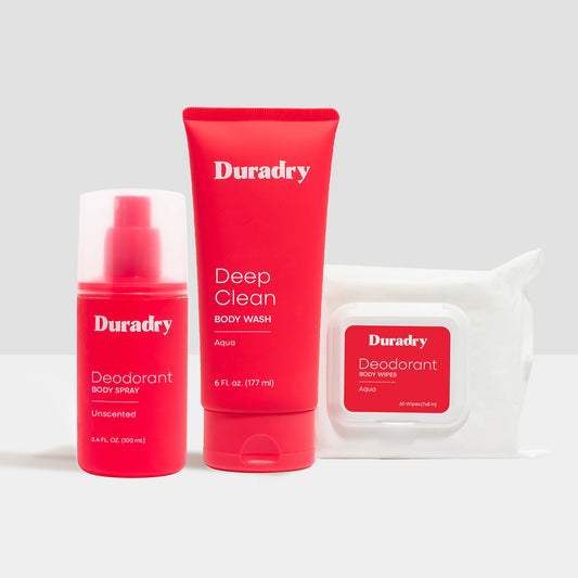 Duradry Refresh Set with skincare products including cleanser, moisturizer, and treatments for revitalized skin care routine.