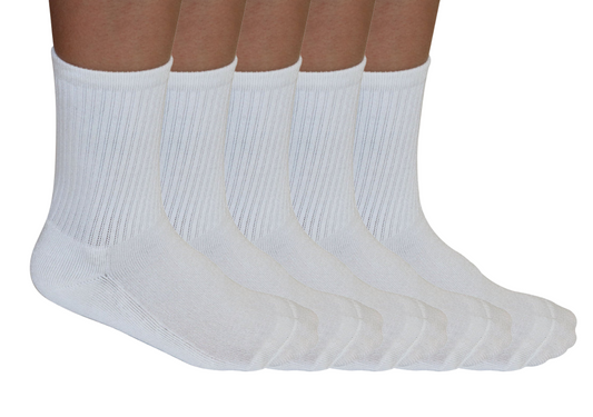 Set of five unisex white bamboo viscose crew socks by Spun Bamboo, 3/4 length athletic socks for comfort and style.