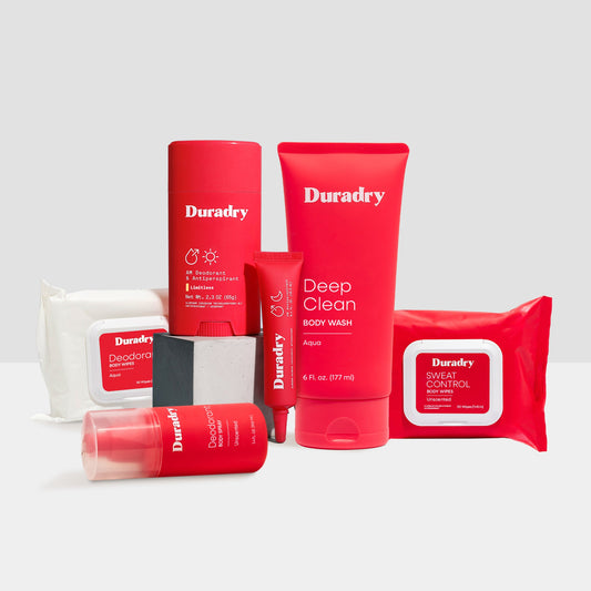 Duradry Signature Starter Kit with skincare products arranged in a clean, organized display for sensitive skin care.