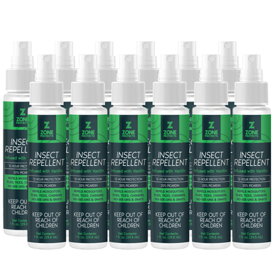 Zone Protects scented insect repellent 1oz master case with 12 individual bottles, designed to repel insects effectively.