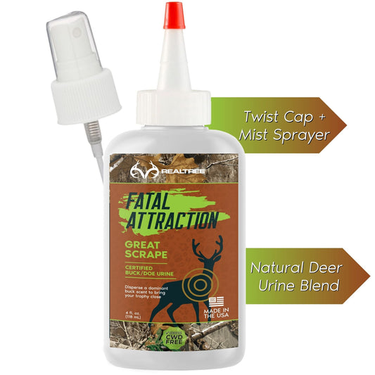 Realtree Fatal Attraction Deer Attractant spray bottle with Zone Protects label, designed to attract deer for hunting or observation.