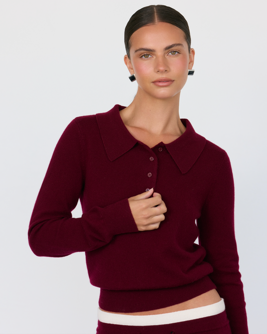 Artless Forever Tove Cashmere Polo shirt in soft, luxurious cashmere, shown in a close-up of the fabric and collar detail.
