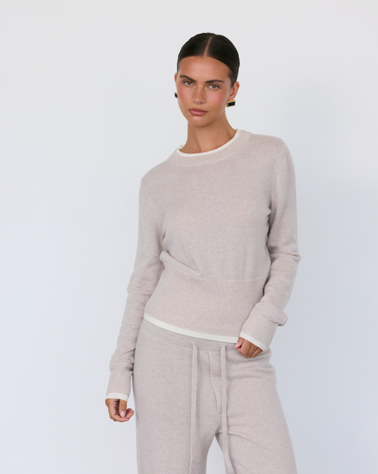 Artless Forever Tove layered cashmere crewneck sweater in soft, cozy fabric, shown in a casual, relaxed fit.