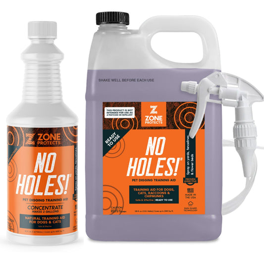 Zone Protects No Holes! Digging Prevention Concentrate in gallon trigger sprayer for pet training, with a shaking instruction on the label.
