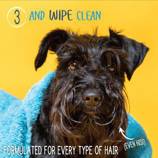 Adore Pet waterless shampoo and conditioner for pets, showing a bottle with product label and a clean, fluffy pet coat.