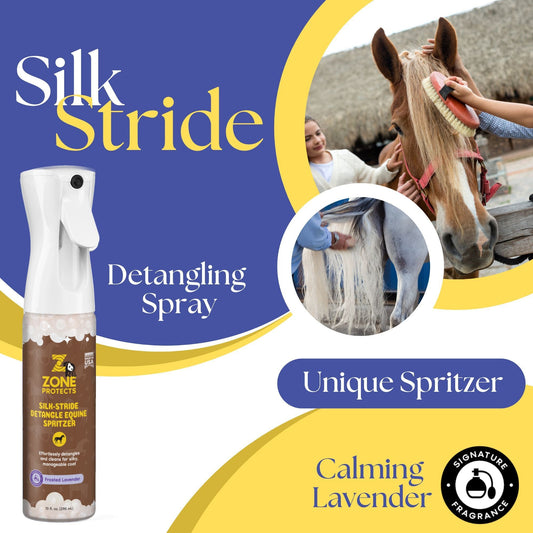 Zone Protects Silk Stride Detangle Equine Spritzer in Frosted Lavender, a horse grooming spray with a clear bottle and lavender accents.