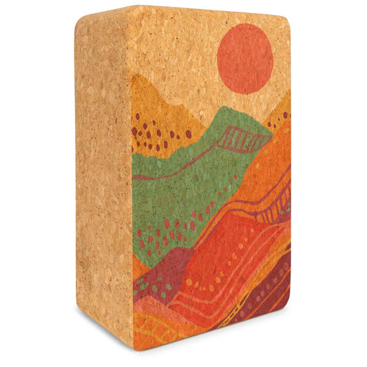 Yoloha Yoga Spirit Rising cork yoga block for support in yoga and Pilates poses, natural wood finish with engraved design.