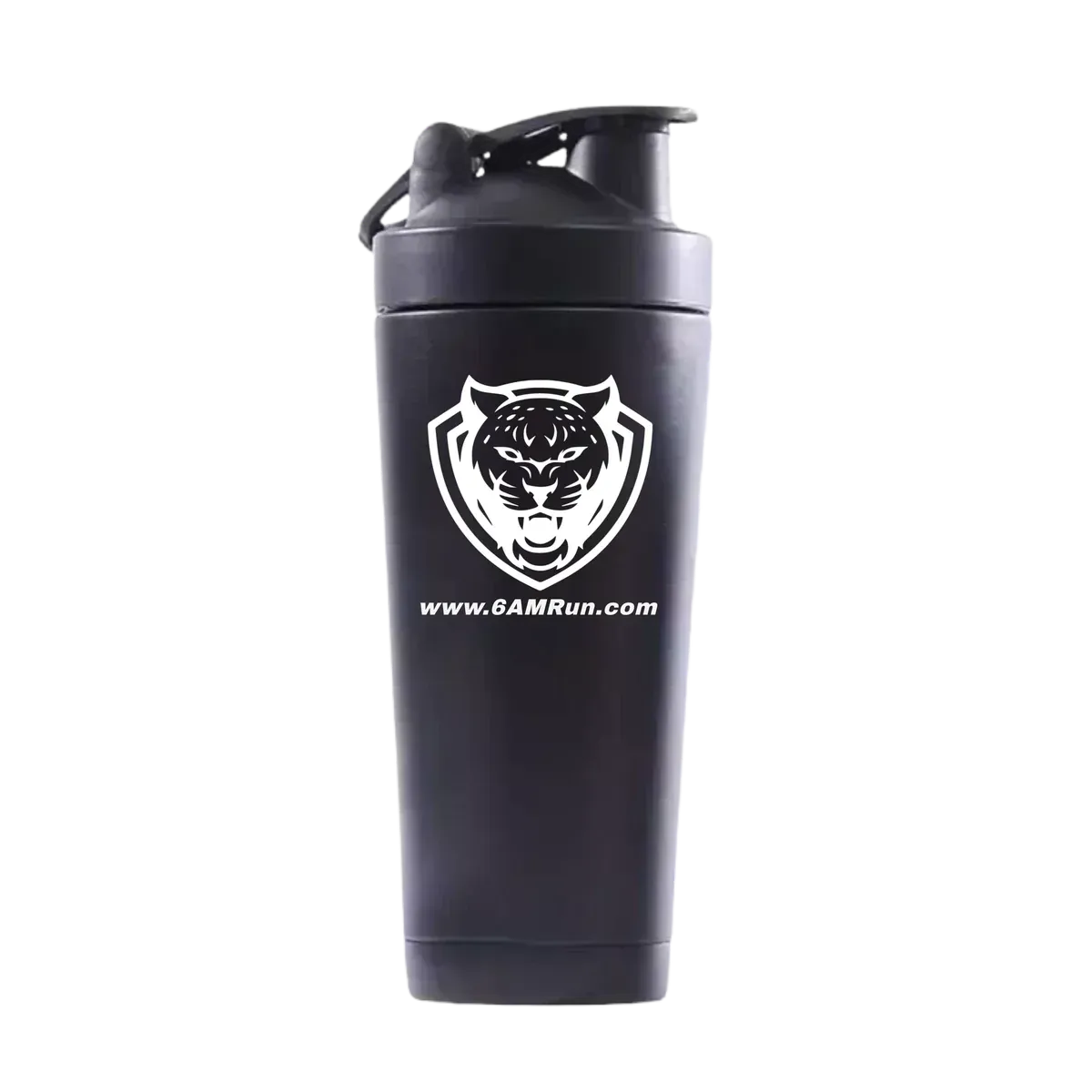 Black steel shaker with 6AM Run logo, part of the 6AM Run shaker, tumbler, and mug collection for active lifestyles.