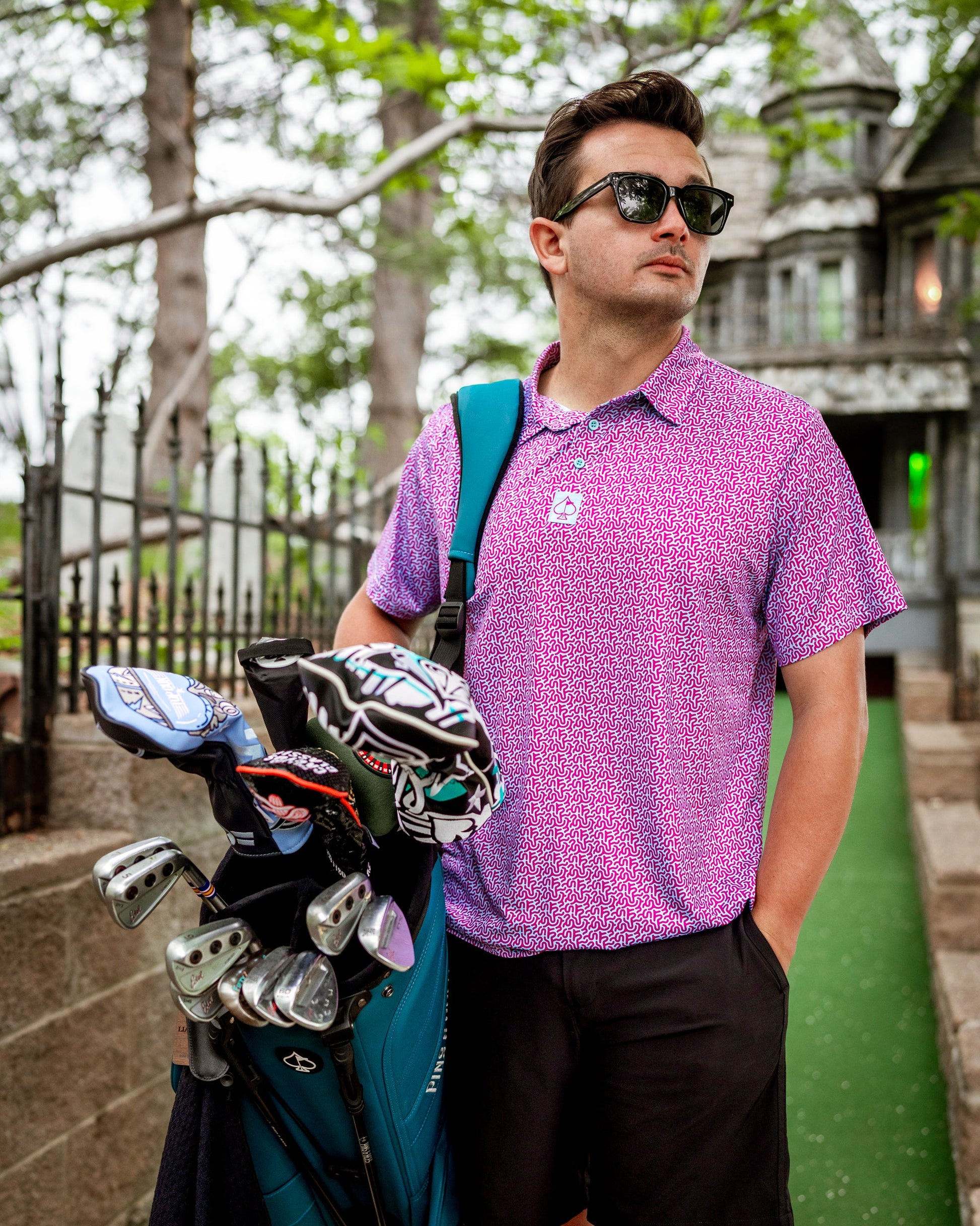 Men's Sugar Circuit Polo shirt from Pins and Aces, featuring a stylish design and comfortable fit.