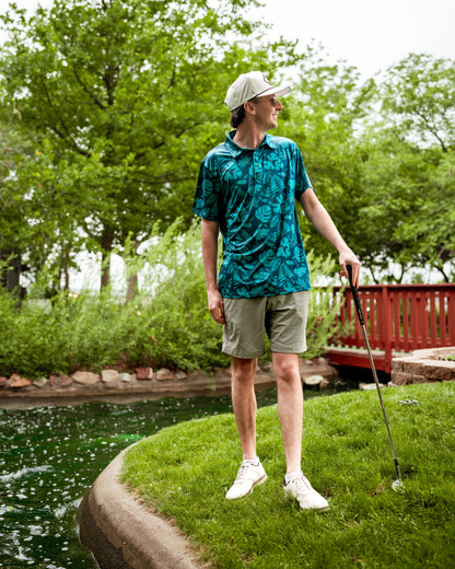 Men's Pins and Aces Cabana Nights polo shirt with vibrant print and comfortable fit, ideal for casual and leisure wear.