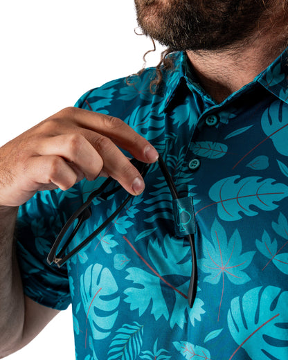 Men's Cabana Nights polo shirt by Pins and Aces, featuring a vibrant pattern and casual fit, ideal for summer and beachwear.