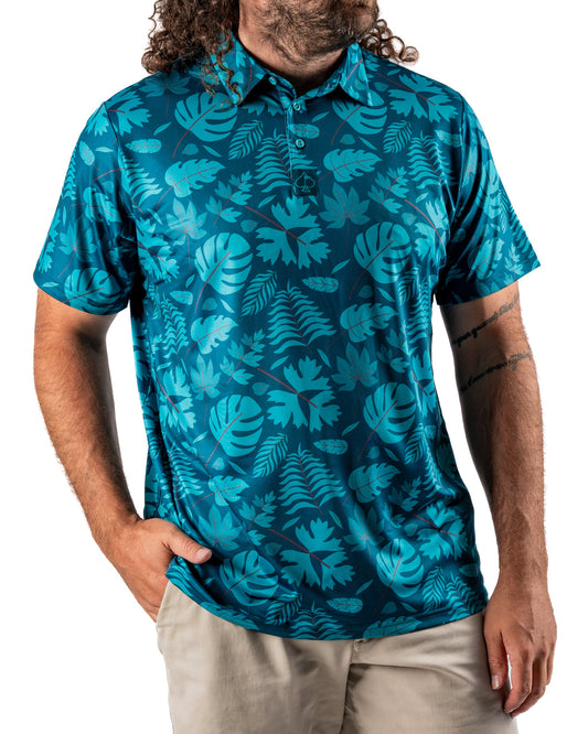 Men's Cabana Nights polo shirt by Pins and Aces, featuring a vibrant, tropical-inspired design and comfortable fit.