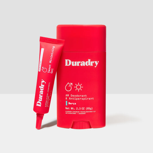 Duradry Sweat Control Duo showing two skincare products designed to reduce excessive sweating and odor.