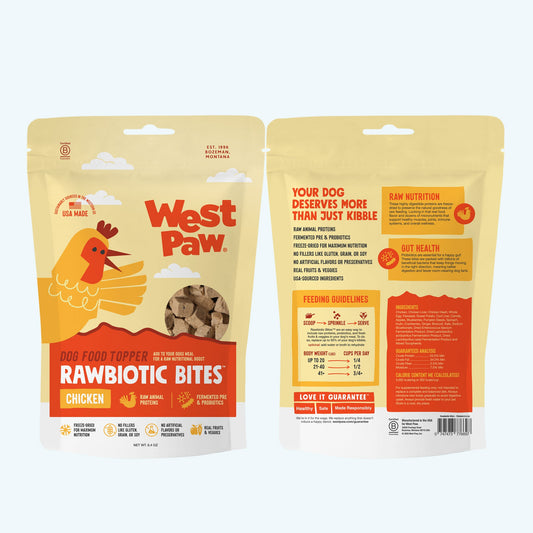 West Paw chicken dog food topper shown in a bowl, featuring small, flavorful pieces to enhance dog meals with natural chicken ingredients.