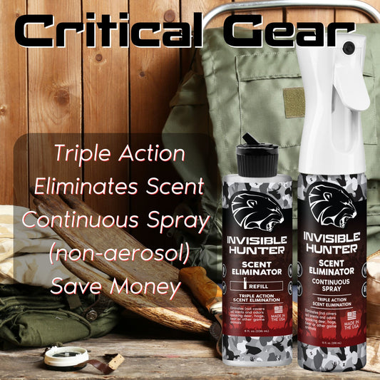 Zone Protects Invisible Hunter Scent Eliminator spray and refill for scent control, shown in a spray bottle with refill pack.