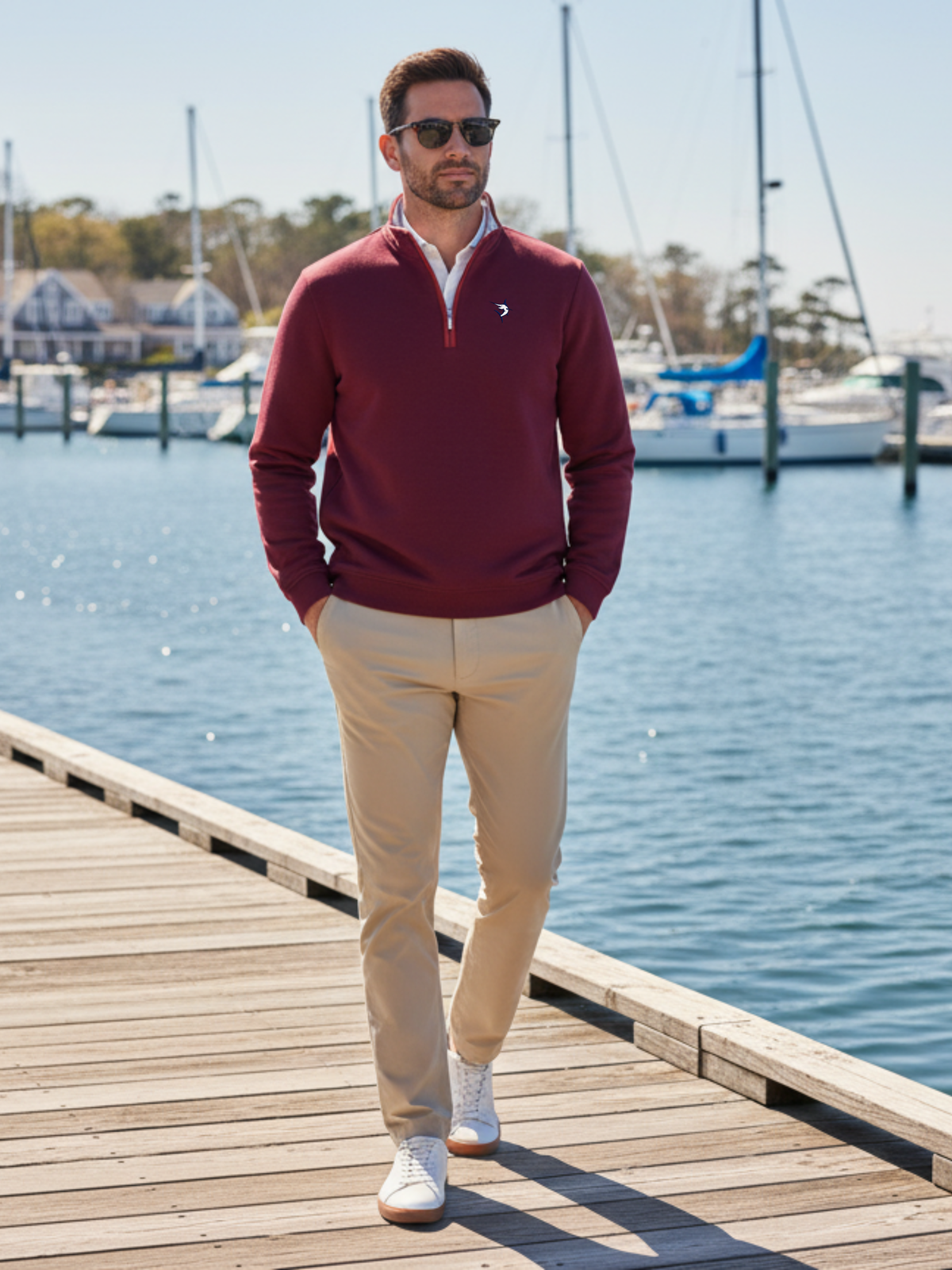 White Water Life Turnberry burgundy and tan quarter zip smooth knit sweatshirt with a high collar and long sleeves.