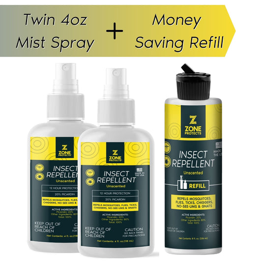 Zone Protects insect repellent bundle with two 4oz unscented Picaridin bottles and refill, designed for effective bug protection.