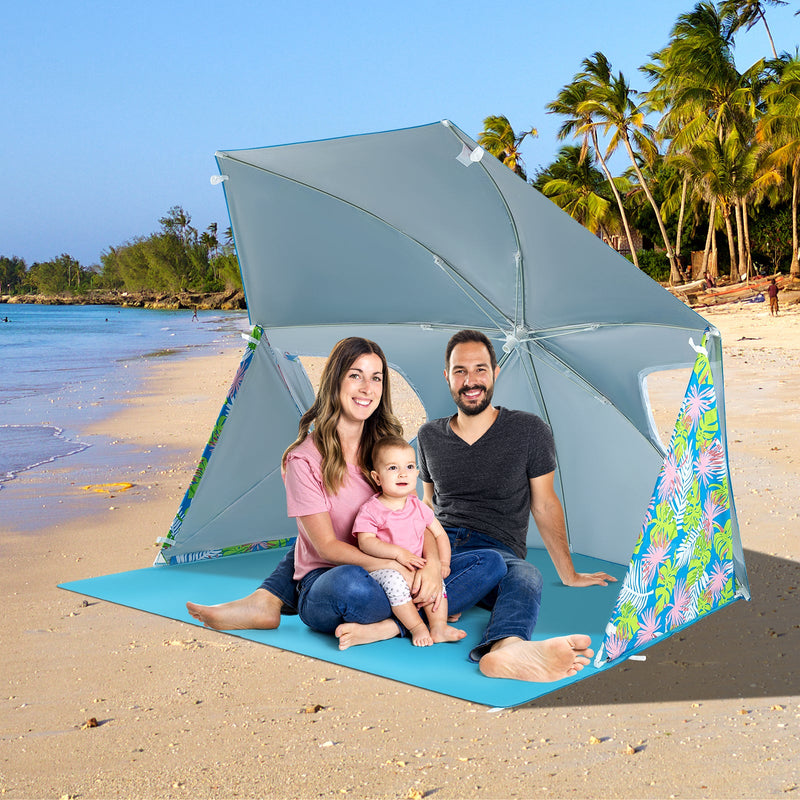 Blue UPF50+ sun protection beach umbrella tent by GemGear with portable carrying bag, ideal for shade and outdoor comfort.