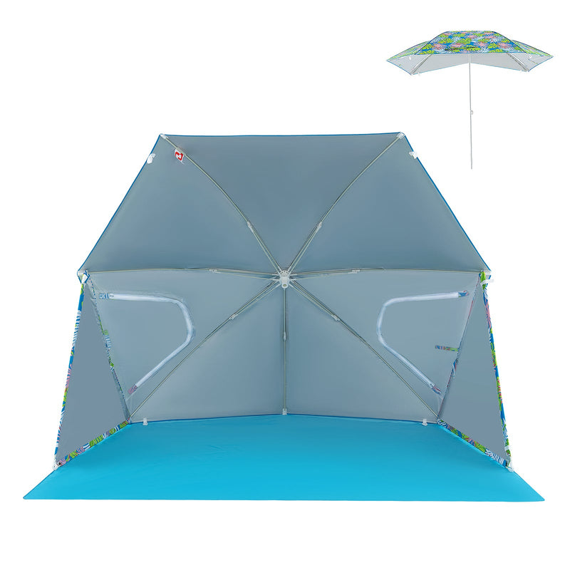 Blue UPF50+ sun protection beach umbrella tent by GemGear with portable carrying bag, providing shade for outdoor activities.