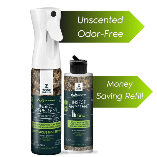 Zone Protects Insect Repellent Zone Realtree 10oz Mistosol with refill, unscented outdoor bug spray in a spray bottle.