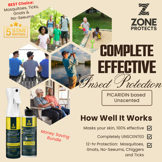 Zone Protects insect repellent mistosol in unscented hexagon bottle with refill, designed to repel insects effectively.