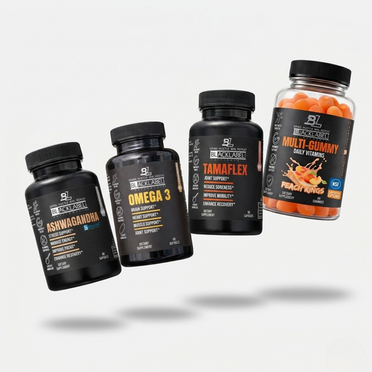BlackLabel Supplements Health & Wellness Stack featuring various bottles of dietary supplements for overall wellness and health support