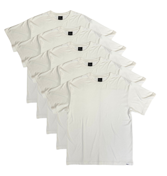Men's Spun Bamboo short sleeve T-shirts in off-white, made from bamboo viscose and organic cotton, 5-pack, displayed in a flat layout.