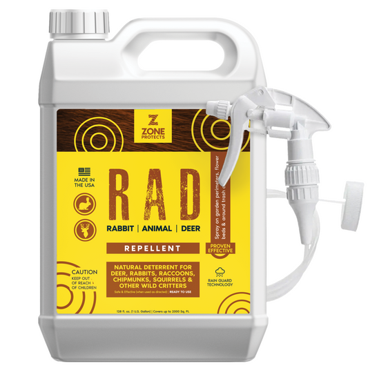 Zone Protects R.A.D. rabbit and deer repellent gallon trigger sprayer with spray nozzle, designed to deter animals in outdoor spaces.