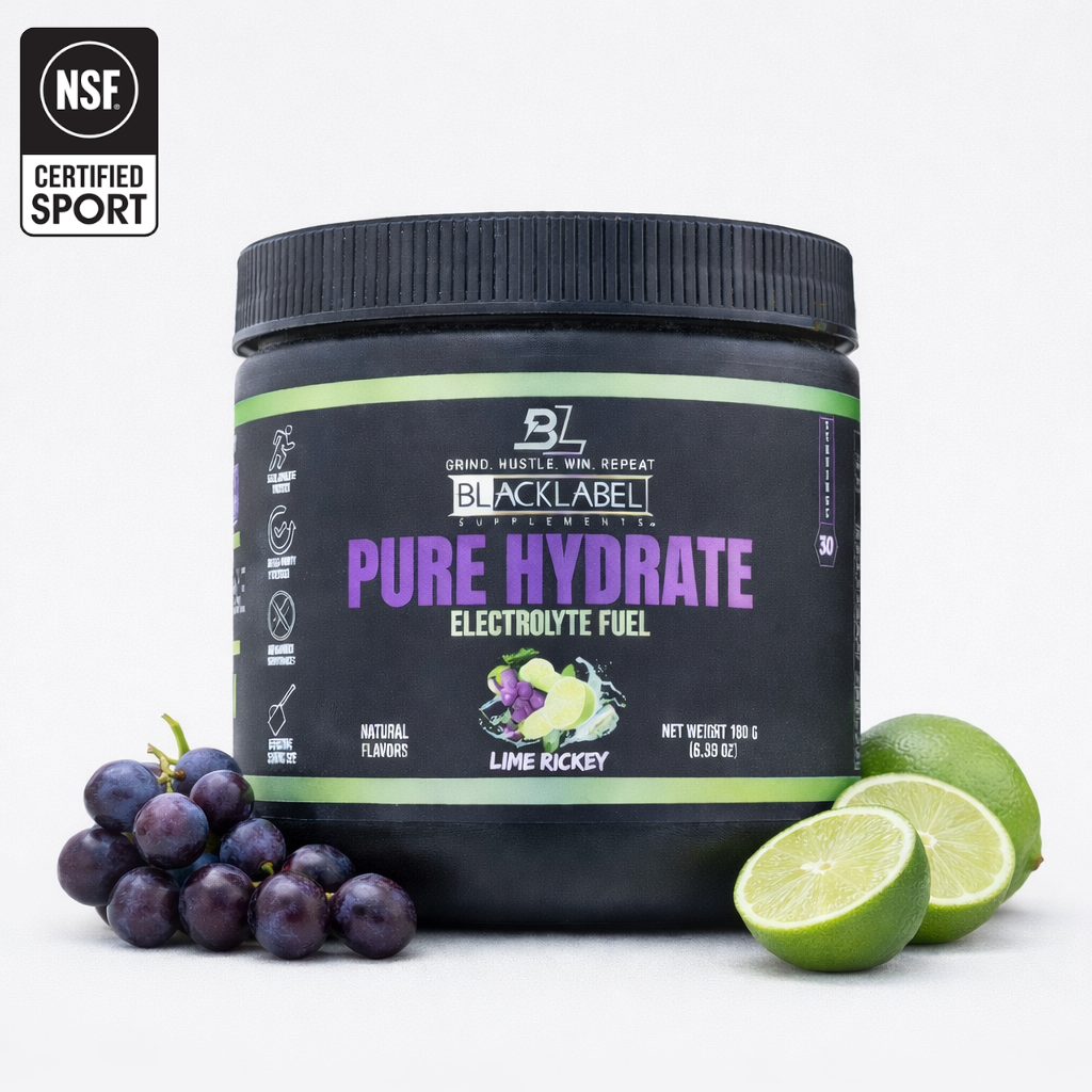 BlackLabel Supplements PURE HYDRATE electrolyte powder in a branded container, ready for hydration and replenishment.