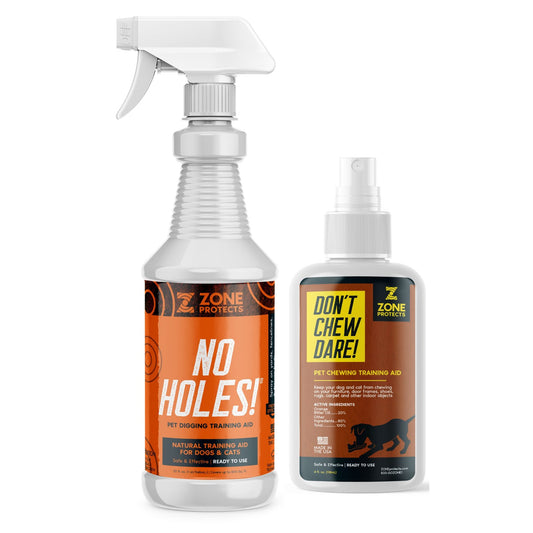 Zone Protects pet training aids bundle for preventing chewing and digging in dogs, suitable for indoor and outdoor use.