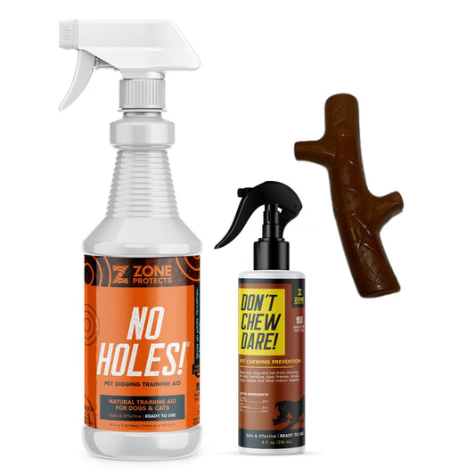 Zone Protects pet training aids bundle for preventing chewing and digging in dogs, includes effective training tools.