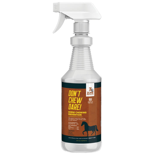 Zone Protects Don't Chew Dare! horse chewing prevention pet training aid shown in use on a horse's halter to prevent biting and chewing.