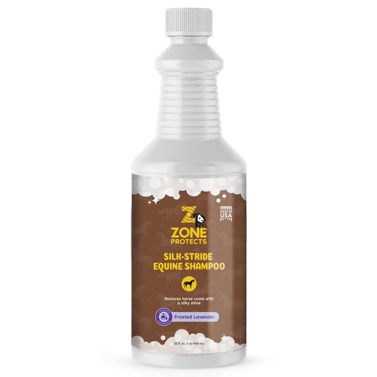 Zone Protects Silk-Stride Equine Shampoo in Frosted Lavender, 32oz bottle, featuring a sleek design for clean, shiny pet coats