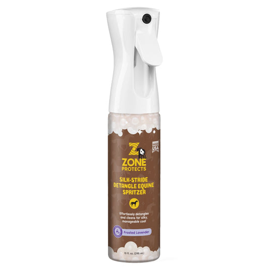 Zone Protects Silk Stride Detangle Equine Spritzer in frosted lavender, a horse grooming spray with a clear bottle and lavender-colored label.