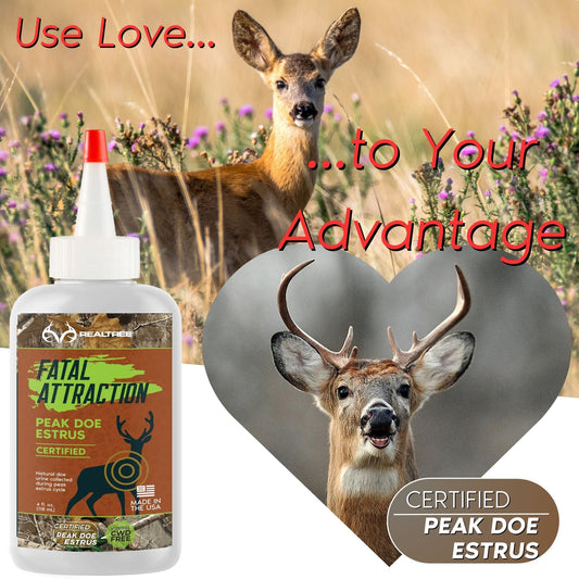 Realtree Fatal Attraction deer attractant by Zone Protects, featuring Peak Doe Estrus scent for deer attraction.