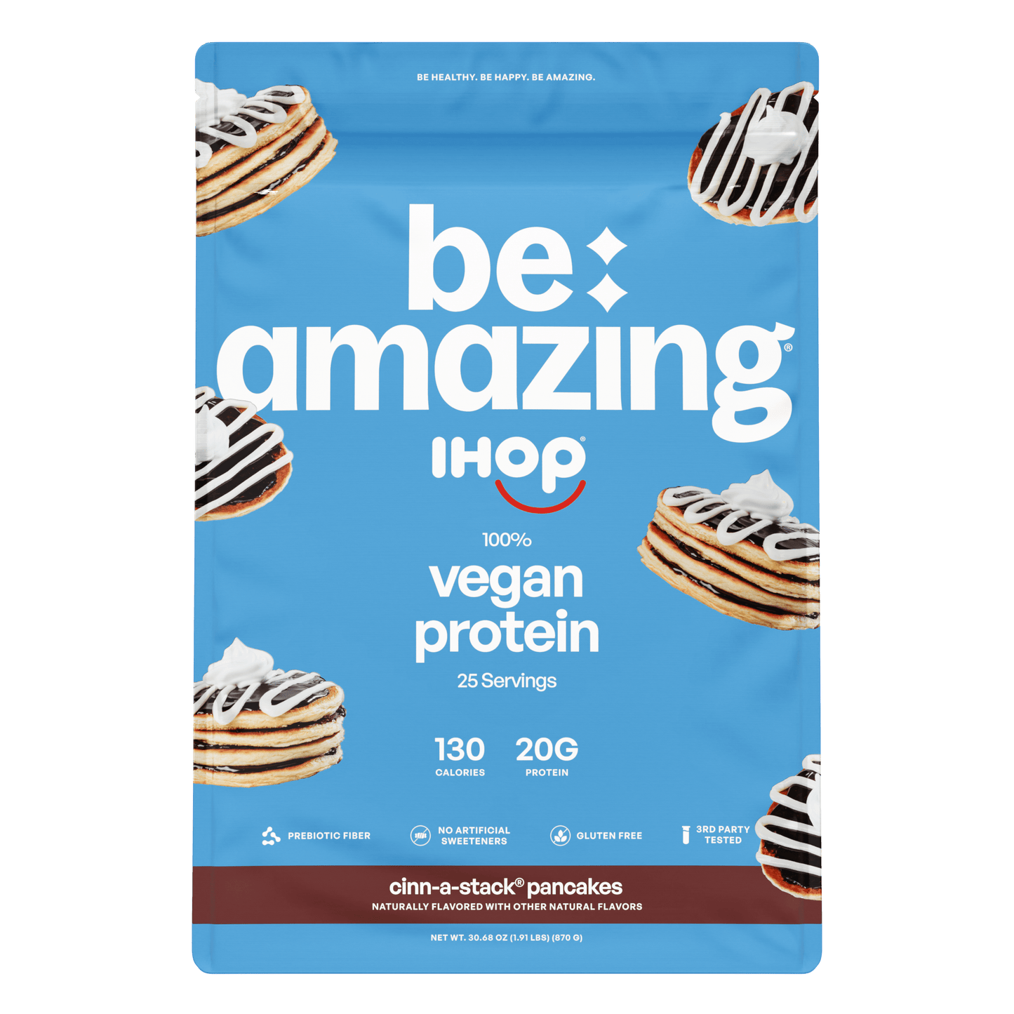 Be Amazing vegan protein powder in cinnamon stack flavor shown in a resealable bag, highlighting plant-based supplement for muscle support.