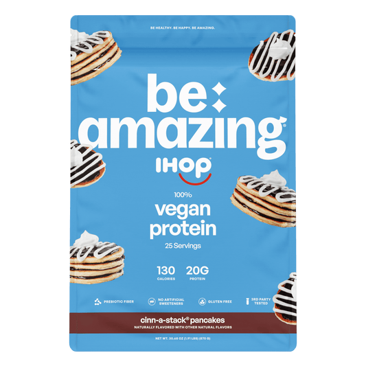 Be Amazing vegan protein powder in cinnamon stack flavor shown in a resealable bag, highlighting plant-based supplement for muscle support.