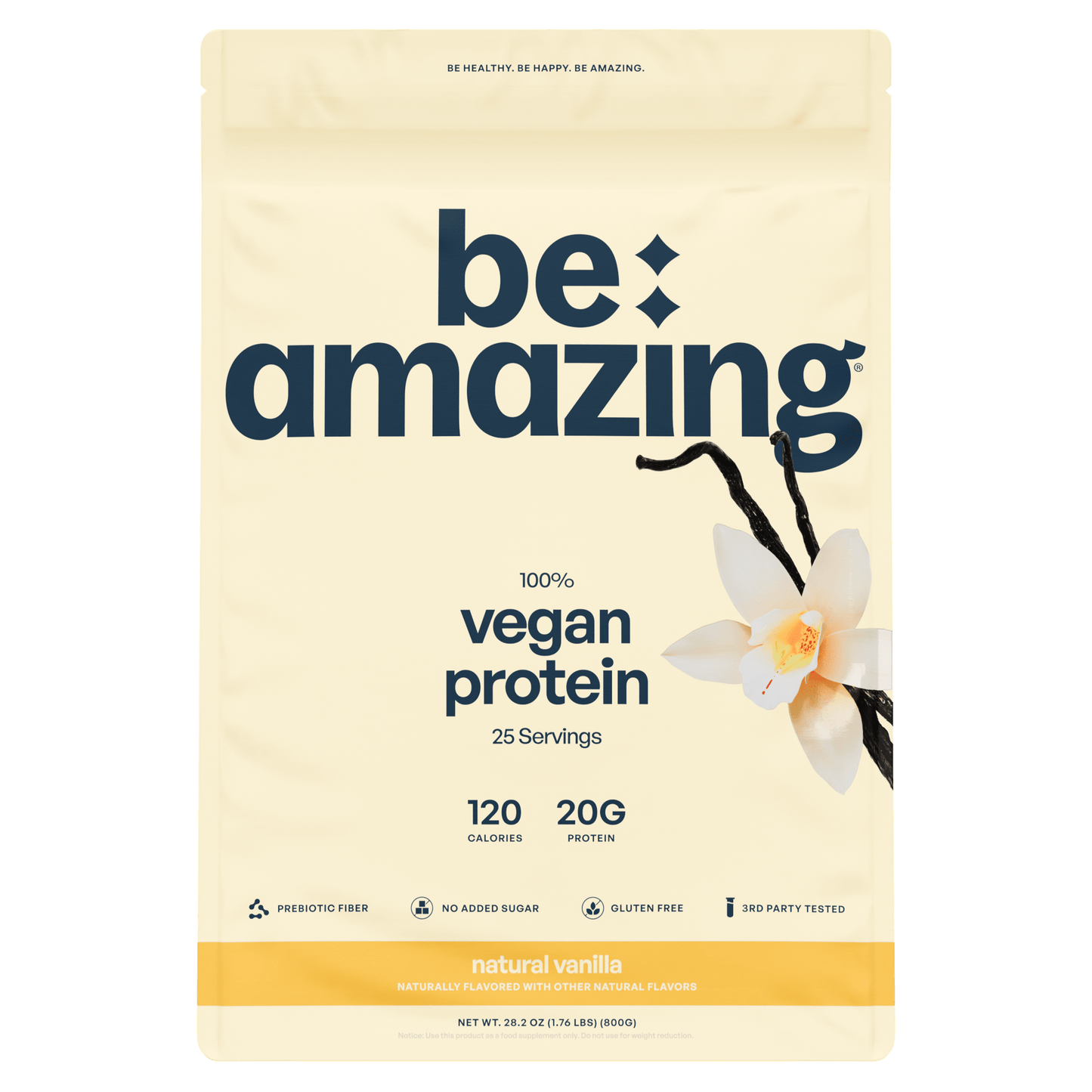Be Amazing vegan protein powder in natural vanilla flavor, showing the protein container with vanilla-flavored supplement powder.