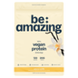 Be Amazing vegan protein powder in natural vanilla flavor, showing the protein container with vanilla-flavored supplement powder.