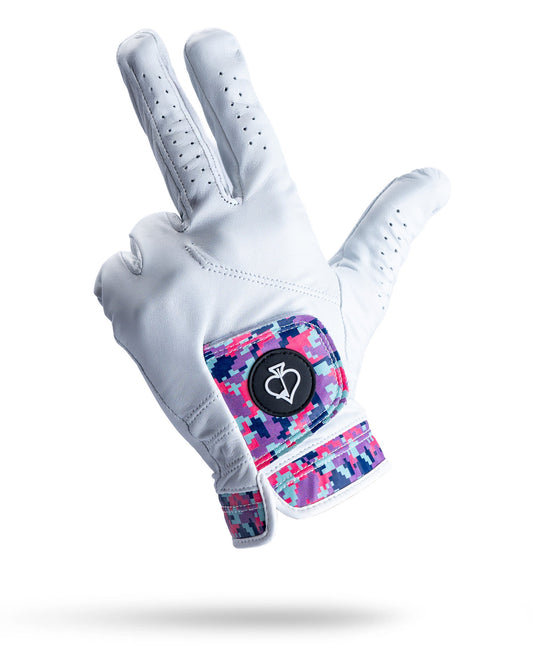 Pins and Aces Premium Tour Glove in vivid camo pattern, designed for golf accessories, showcasing the glove's textured fabric and vibrant camo design.
