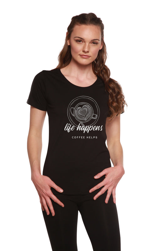 Black women's printed bamboo and cotton short sleeve scoop neck t-shirt by Spun Bamboo, featuring a "Life Happens" graphic design.
