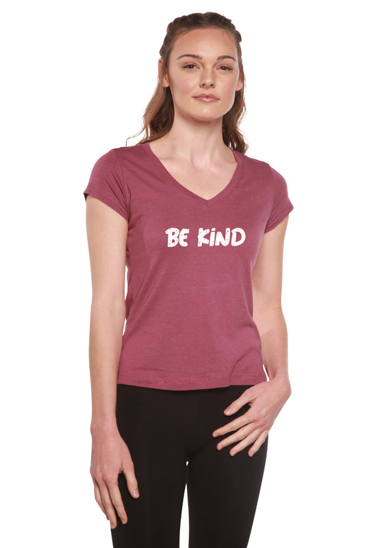 Women's Be Kind printed V-neck cap sleeve T-shirt by Spun Bamboo made of bamboo viscose and cotton, with Damson color and "Be Kind" design.