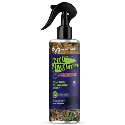 Zone Protects Realtree Fatal Attraction Warhawg Wild Hog Attractant in 16oz bottle, featuring apple and corn scent for hog hunting.