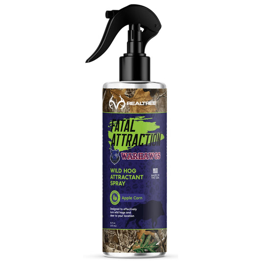 Zone Protects Realtree Fatal Attraction Warhawg Wild Hog Attractant in 16oz bottle, featuring apple and corn scent for hog hunting.