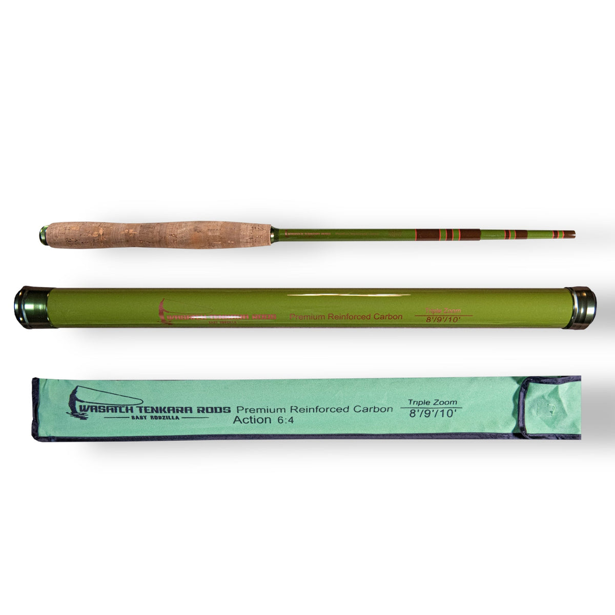 Wasatch Tenkara Rods Baby RodZilla tenkara rod with adjustable triple zoom, case, and sleeve for compact fishing setup.