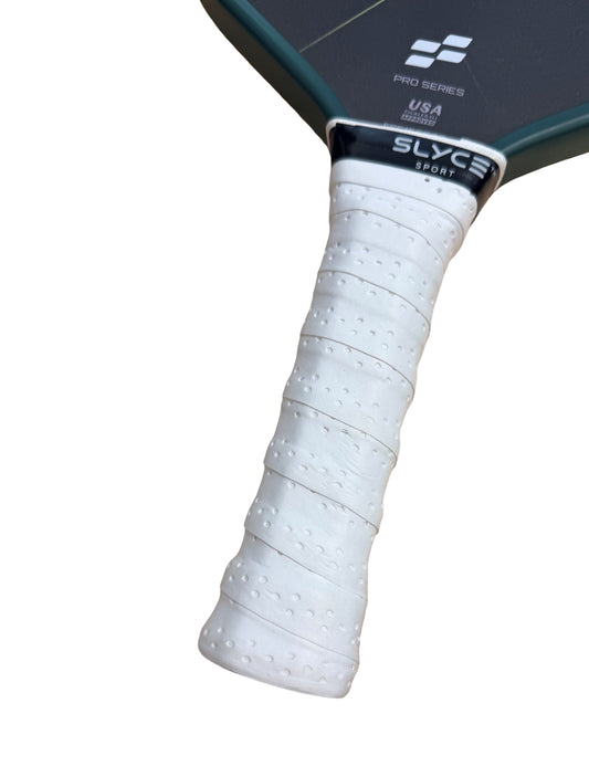 White perforated GRYPs over-wraps by Slyce Sport, lightweight accessories designed for added grip and protection during sports.