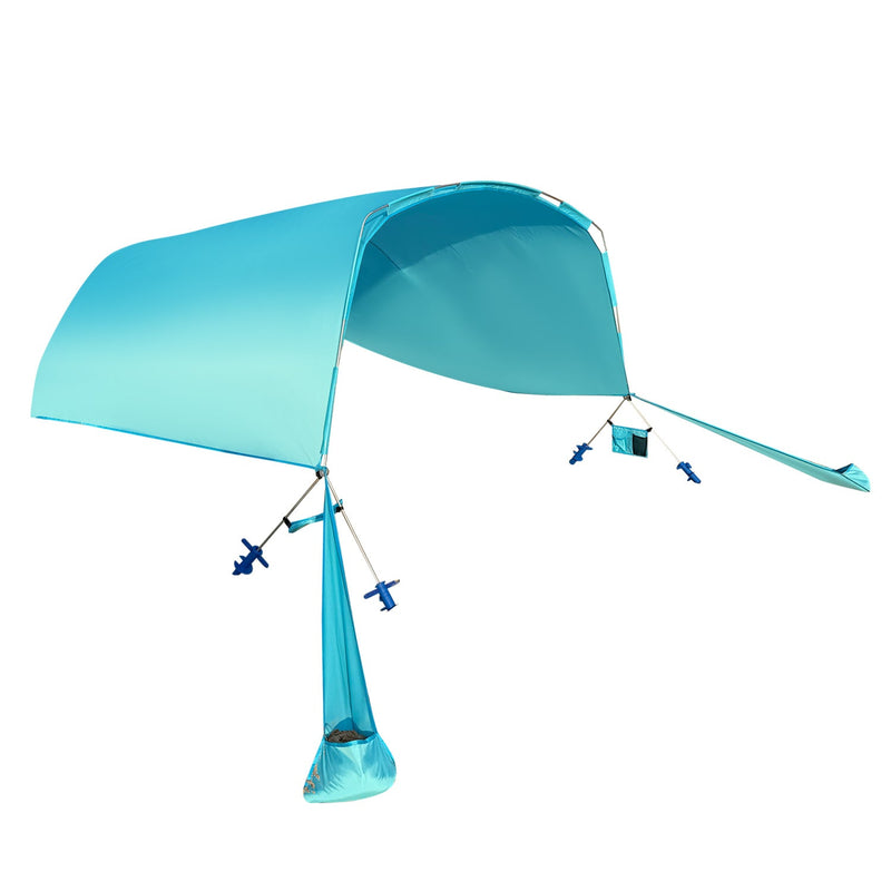 Wind-powered beach tent portable sun shelter canopy by GemGear, shown set up on sandy beach for picnics and sun protection.